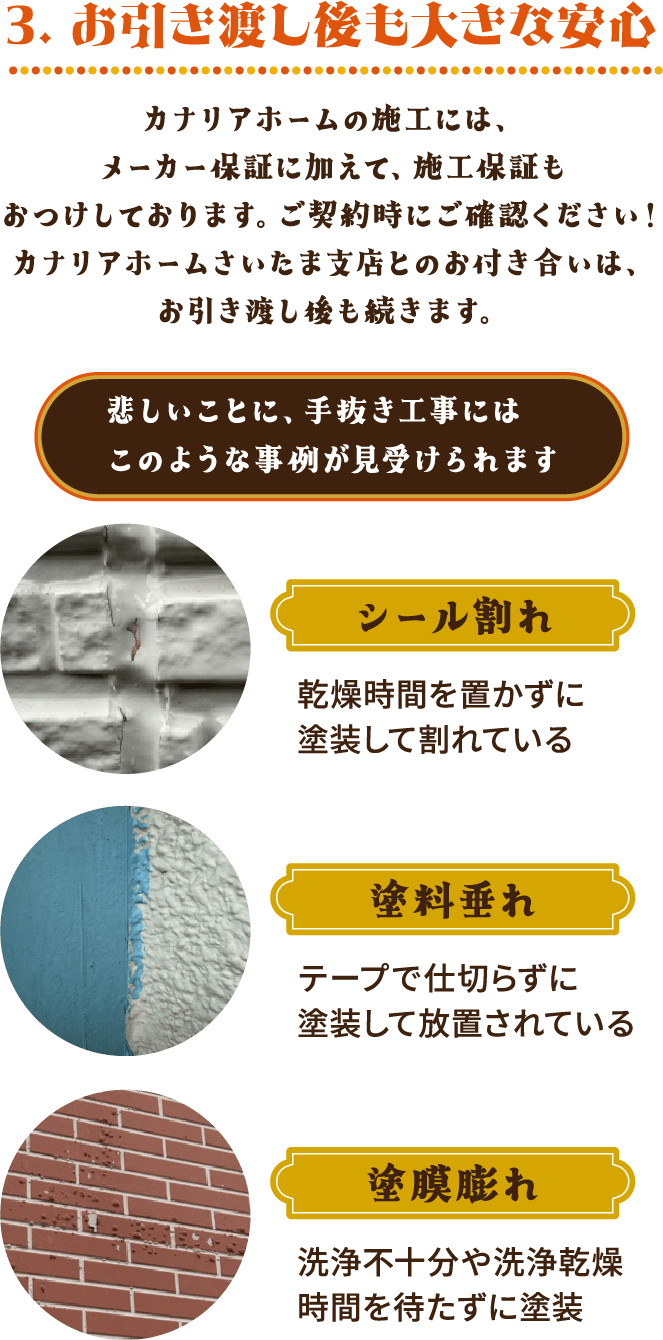 お引き渡し後も大きな安心 カナリアホームの施工には、メーカー保証に加えて、施工保証もおつけしております。ご契約時にご確認ください！カナリアホームさいたま支店とのお付き合いは、お引き渡し後も続きます。