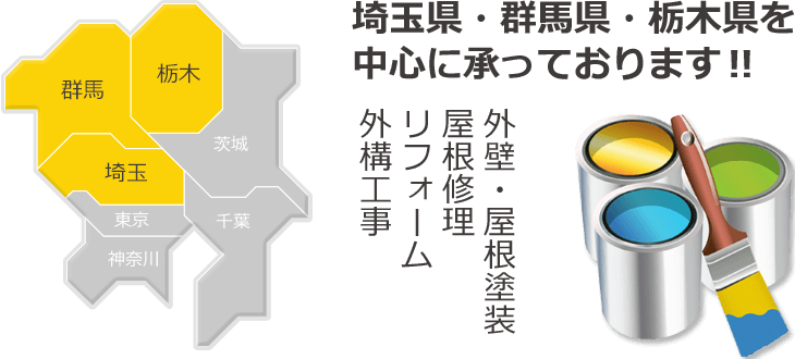 埼玉・群馬・栃木エリアを中心に承っております！！　外壁塗装・屋根塗装、屋根修理、リフォーム、外構工事