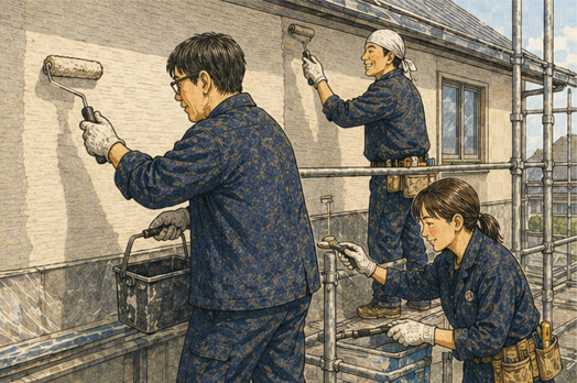 外壁を塗りなおしているスタッフのイラスト