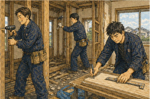 内装を修理しているスタッフのイラスト