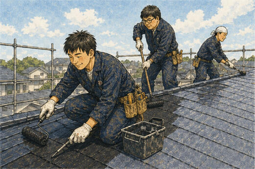 屋根で作業しているスタッフのイラスト