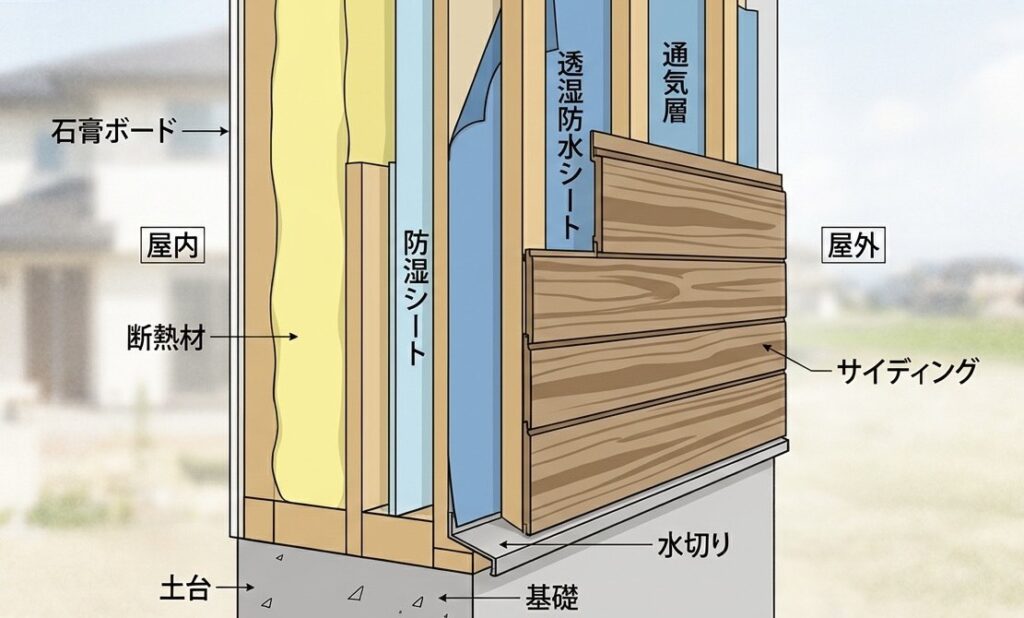外壁材と下地、防水シートの構造イメージ