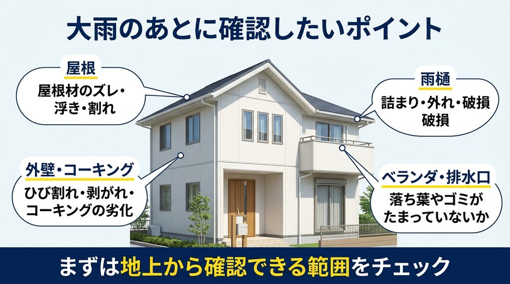 大雨のあとに確認したい屋根材・棟板金・外壁・コーキング・雨樋