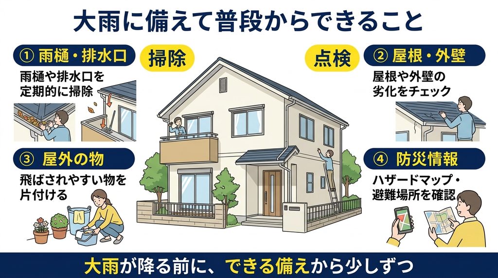 大雨に備えて雨樋や排水溝の掃除、屋外用品の片付け、ハザードマップを確認する防犯対策