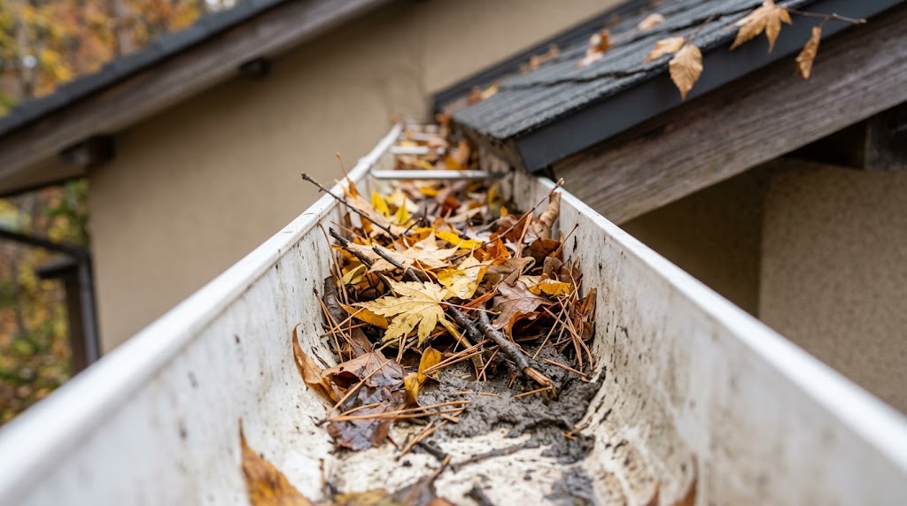 戸建て住宅の雨樋に落ち葉や小枝が詰まっている様子