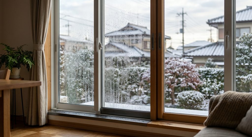 冬の朝に結露した日本の戸建て住宅の窓