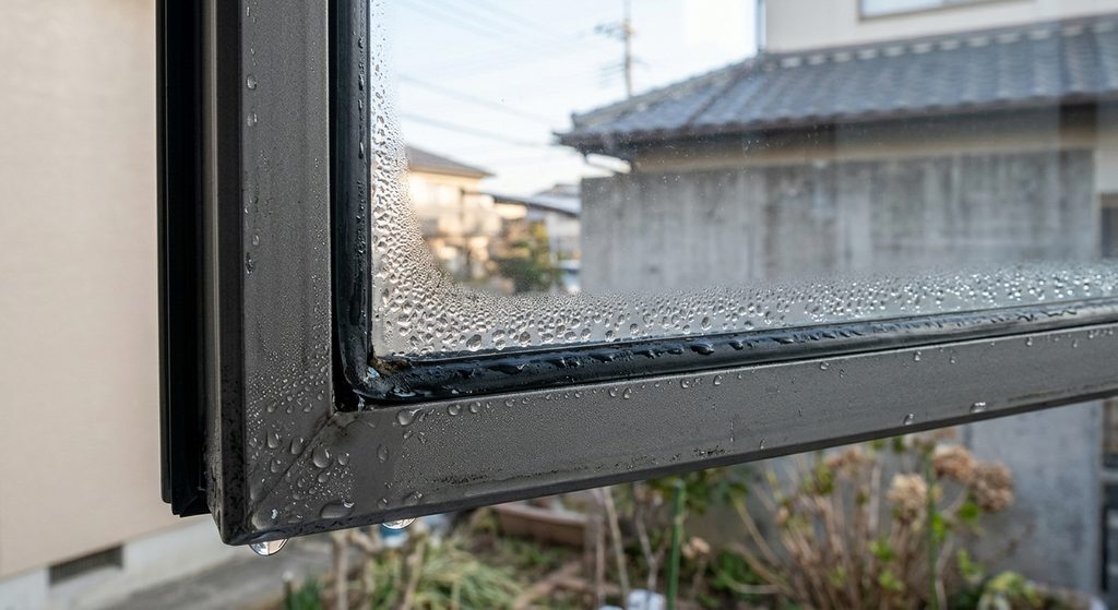 結露の水滴がついた窓のサッシとゴムパッキン