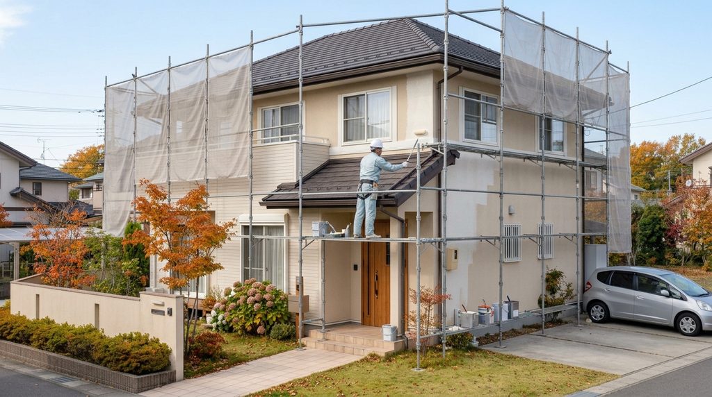 秋に戸建て住宅の外壁をローラーで塗装する様子