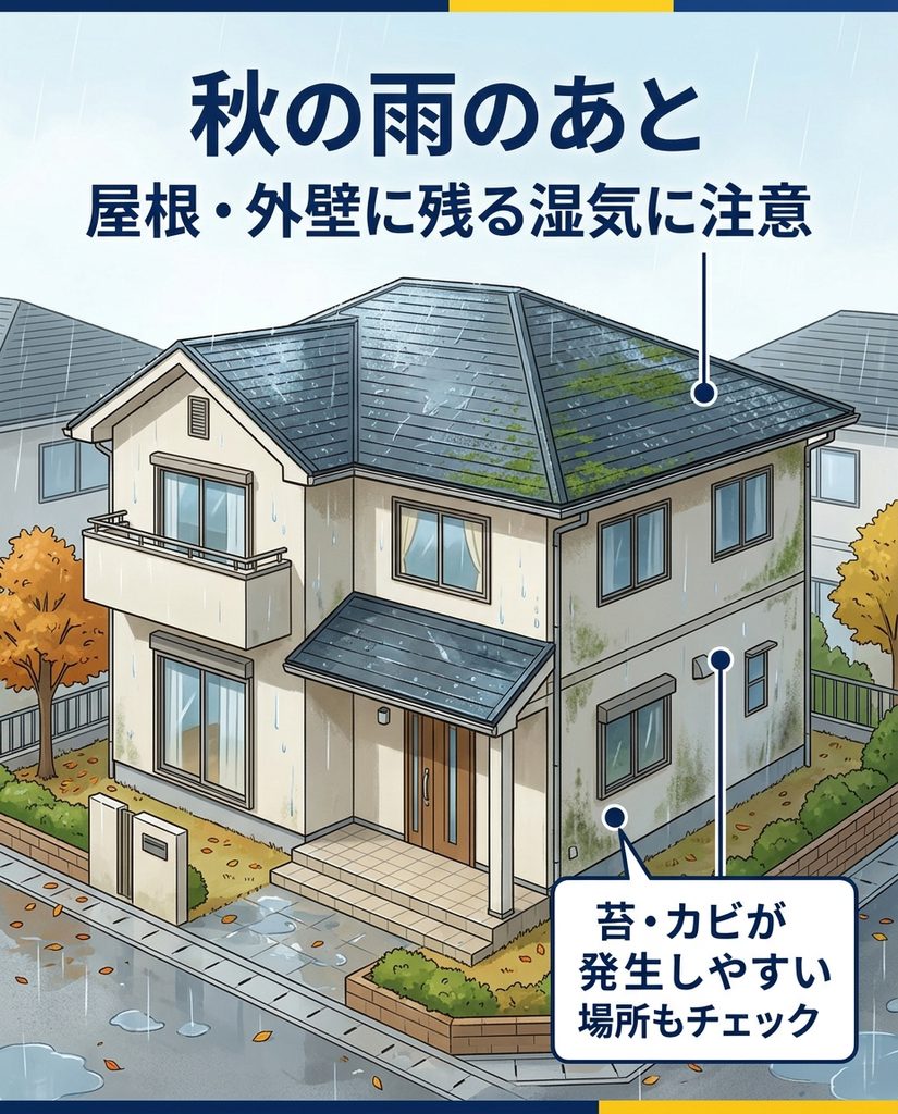 さいたま市で秋の雨のあとに湿気が残る住宅の屋根と外壁