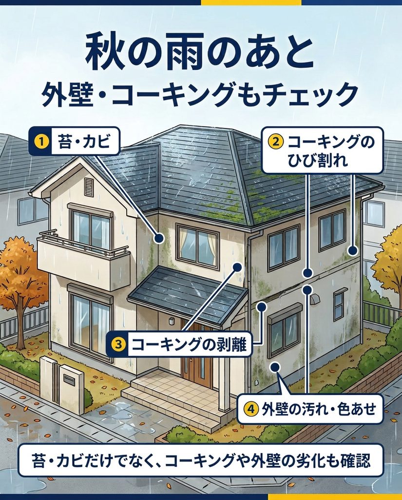 秋の雨のあとに確認したい外壁の苔・カビ・コーキングの劣化